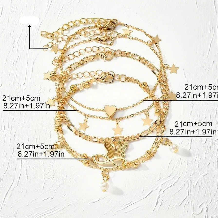Lot de 5 bracelets de cheville étoile, infini, papillon, perles et coeur
