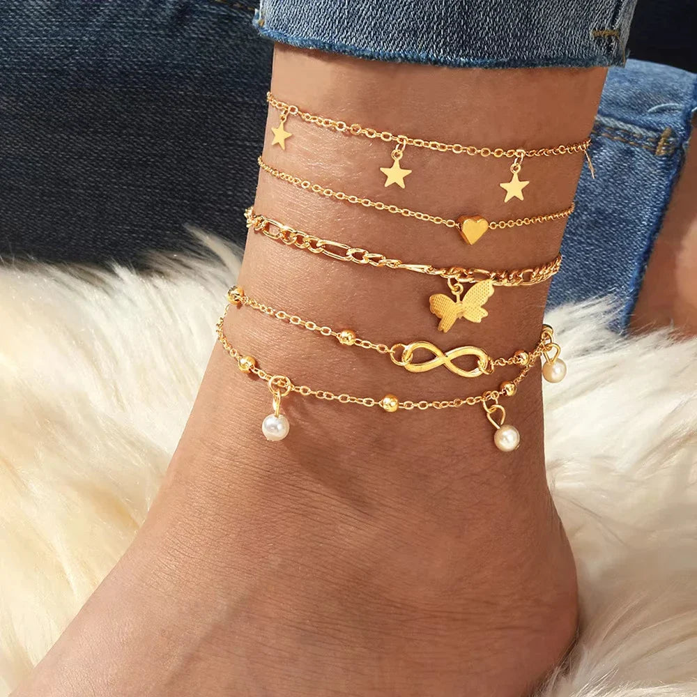 Lot de 5 bracelets de cheville étoile, infini, papillon, perles et coeur