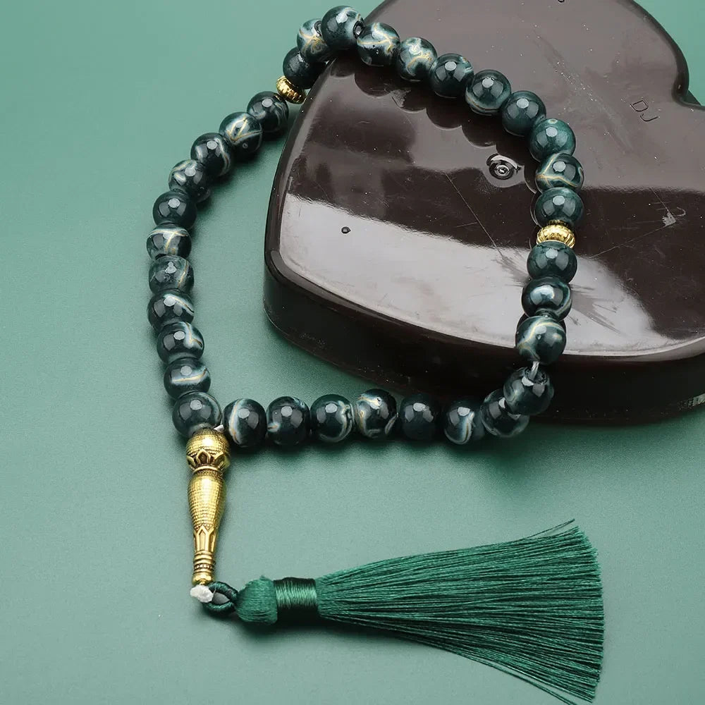 Tasbih ロング 33珠 ブラック - イスラム教の祈り用数珠 グリーン